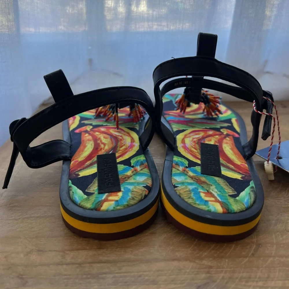 FARM RIO Beaded Pietra Flat Sandal In Black Banana Size 7 - Picture 4 of 11